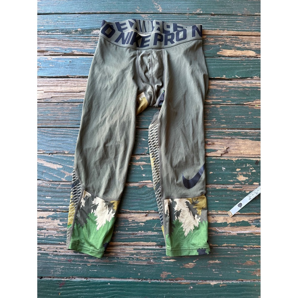 Nike Pro Mens 3/4 Compression Tights Olive Green Camo Training Leggings A3399